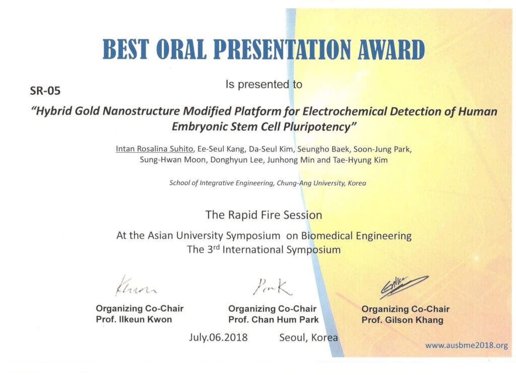 Intan Rosalina Suhito, Best Oral Presentation Award AUSBME S